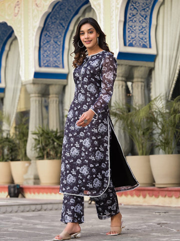 Black Floral Printed Kota Check Round Neck With Cotton Lace Placket  Detailed, Long Sleeve With Lace Detailed Straight Kurta With Side Slit Paired With Tonal Printed Bottom